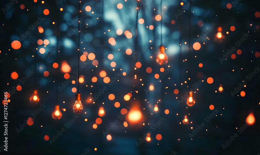 Poster illuminated lanterns hanging in a dark forest. bokeh background. possible use for a festive backgrou