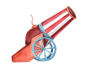 Watercolor cannon in red and white stripes with images of wheels. Vintage circus illustration isolated on white background © Tatyana Sidorova