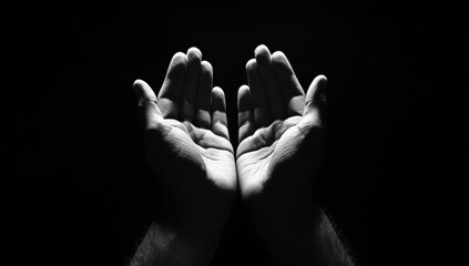 Close-up of hands raised in prayer, illuminated by soft light against a dark background Black and white photograph with copy space for text Generative AI