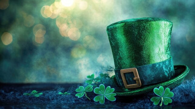 A top hat covered in green shamrocks, perfect for St. Patrick's Day parties and celebrations.