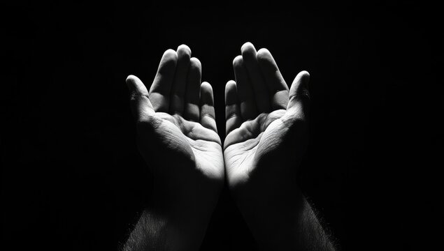 Close-up of hands raised in prayer, illuminated by soft light against a dark background Black and white photograph with copy space for text Generative AI