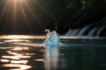 Splash in a Clear Blue Lake with Sun Rays and Cascading Waterfall - Nature's Beauty