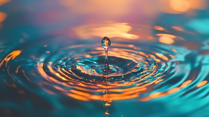 A droplet creating ripples in colorful water surface.