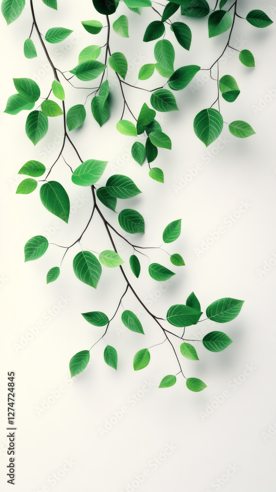 Poster branches with vibrant green leaves creating a natural and elegant pattern on a clean white backdrop