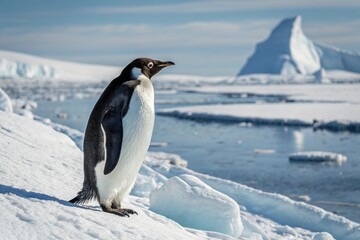 Naklejka premium Emperor penguin standing on icy Antarctic landscape