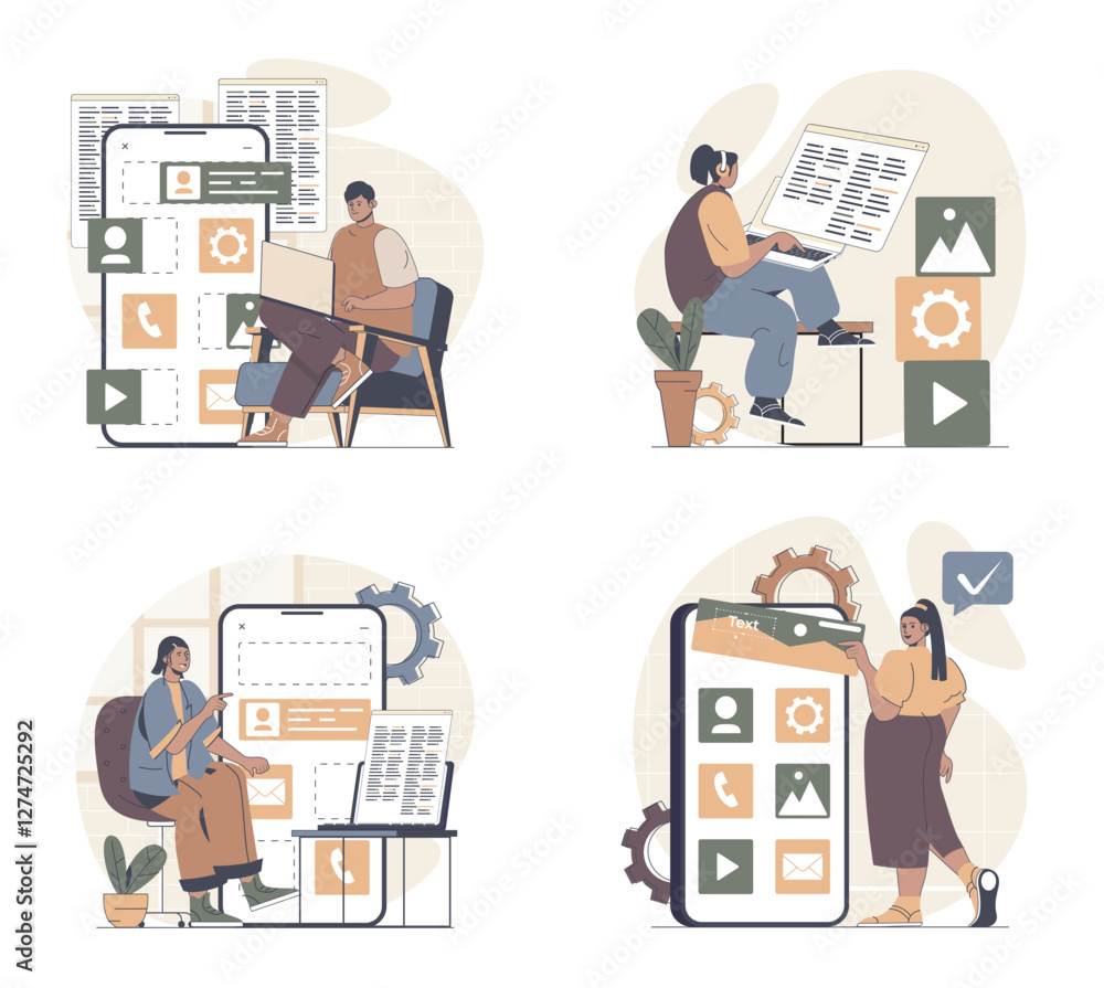 Poster App development concept scenes set in flat web design. People in situations of programming mobile phone layouts, building app buttons and elements, testing products and optimize. Vector illustrations.
