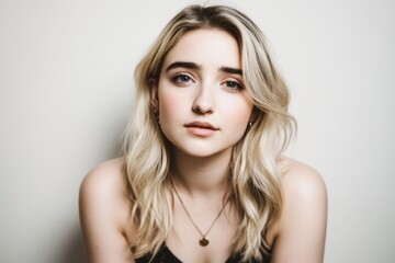 Fototapeta premium Young caucasian woman with blonde hair and soft expression against neutral background