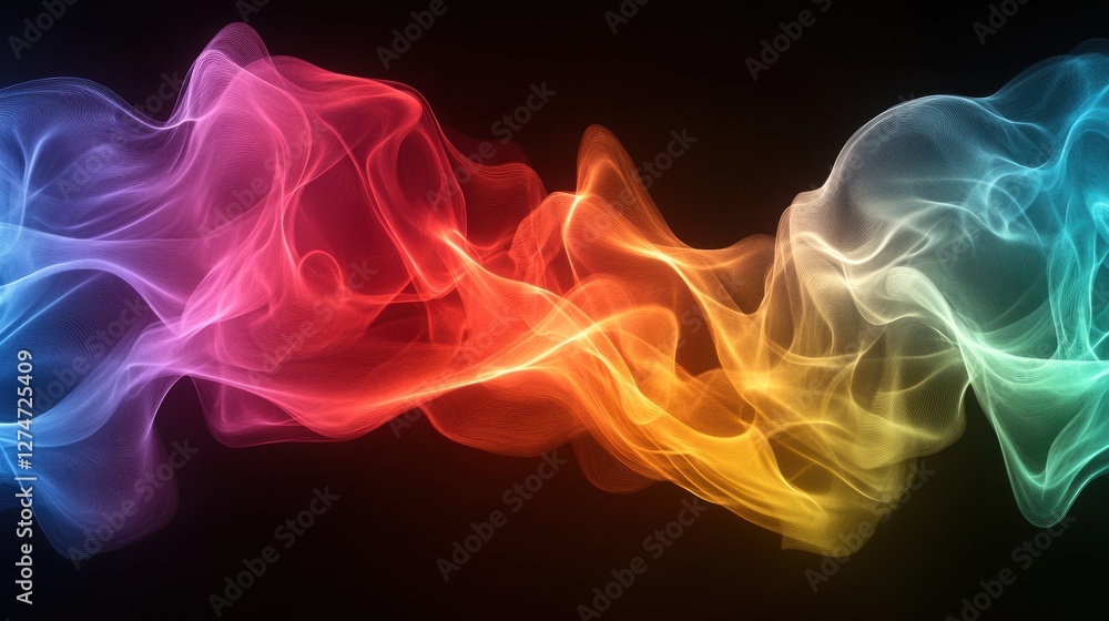 Poster colorful abstract waves of smoke in dark background with dynamic flowing motion