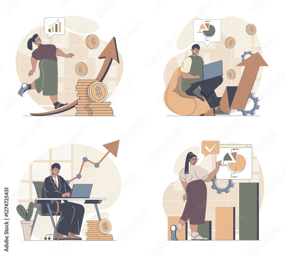 Poster Business growth concept scenes set in flat web design. People in situations of developing project and getting arrow up graph, making data analysis with financial rise statistic. Vector illustrations.