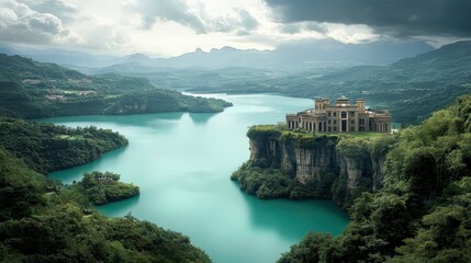 Majestic castle overlooking serene lake enchanted landscape scenic view tranquil environment nature exploration