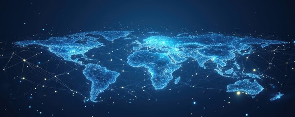 Obraz premium Glowing digital world map with network connections on blue background