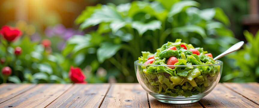 Fresh green salad with cherry tomatoes in a clear bowl on a rustic wooden table, conveying a refreshing and vibrant mood amidst a lush garden backdrop