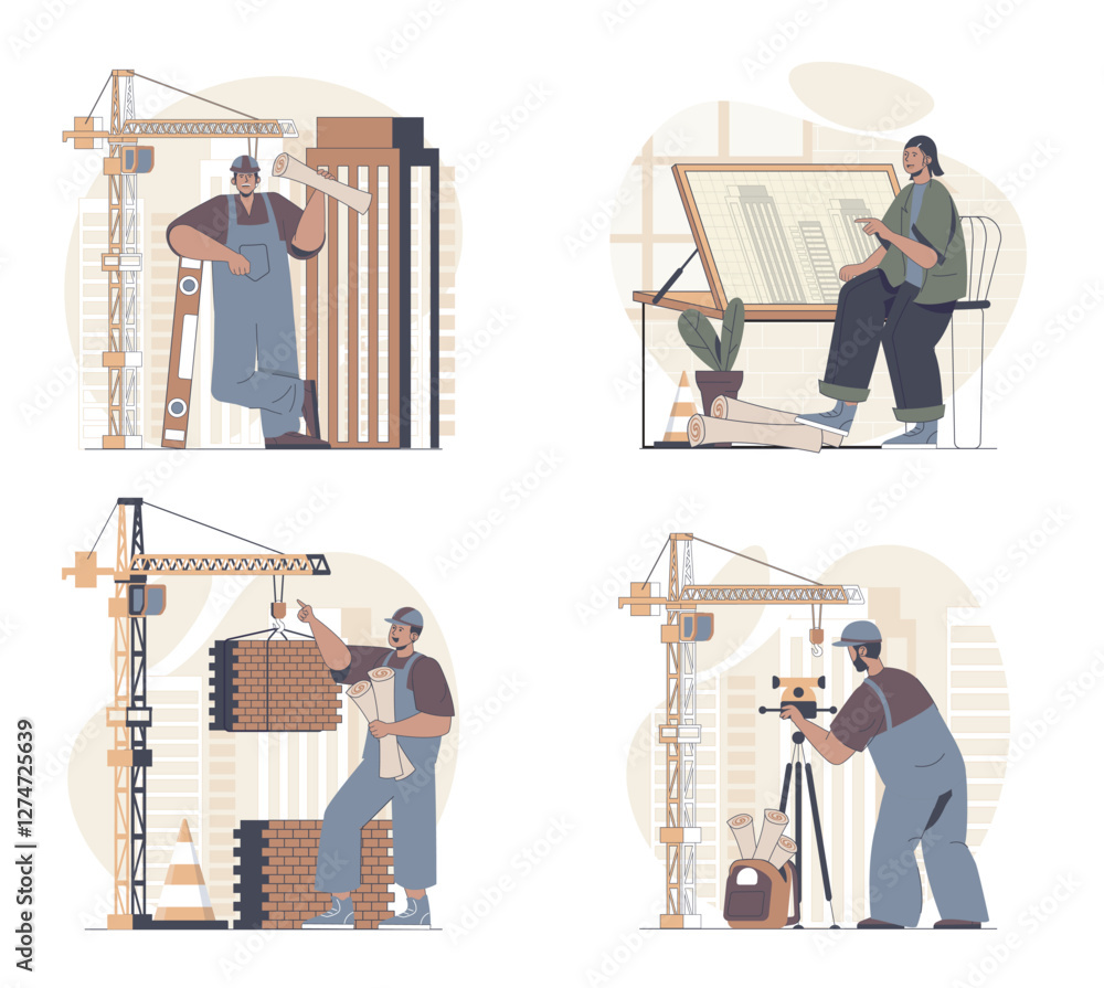Poster construction engineer concept scenes set in flat web design. people in situations of making house co