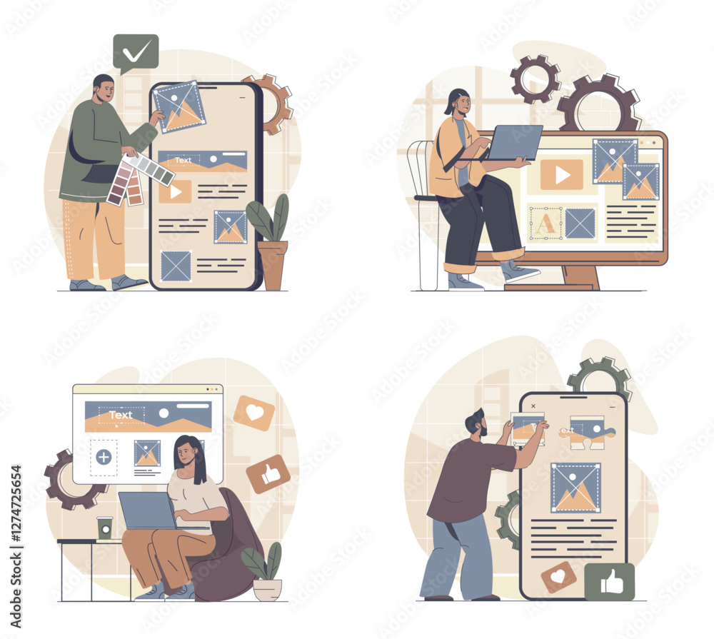 Poster content manager concept scenes set in flat web design. people in situations of creating photos, imag