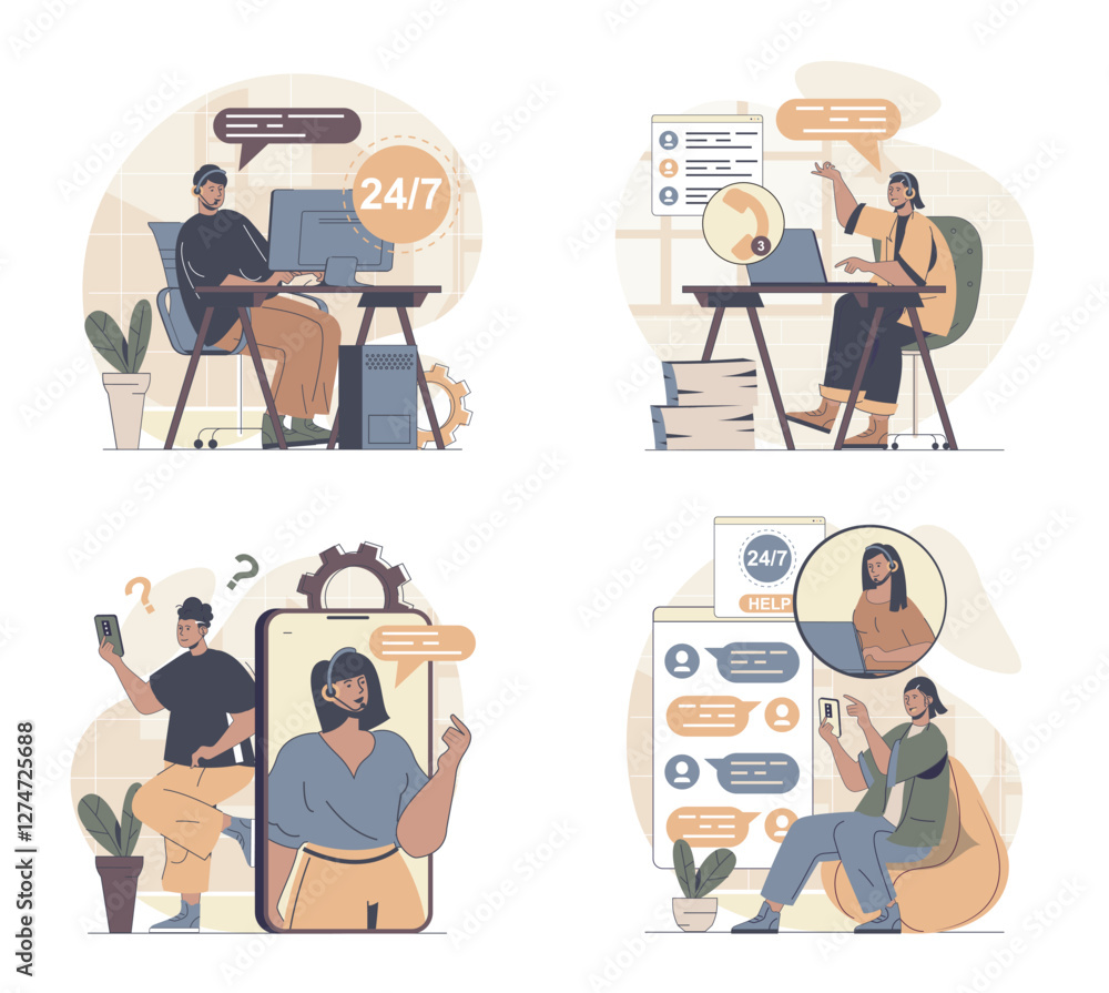 Aufkleber customer service concept scenes set in flat web design. people in situations of consulting online an
