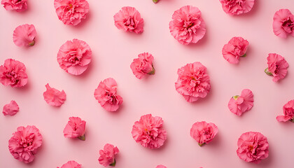 Fototapeta premium Pink carnation petals pattern, Flower flakes texture background top view. Rose petal wallpaper, spring blossom romantic mockup flat lay