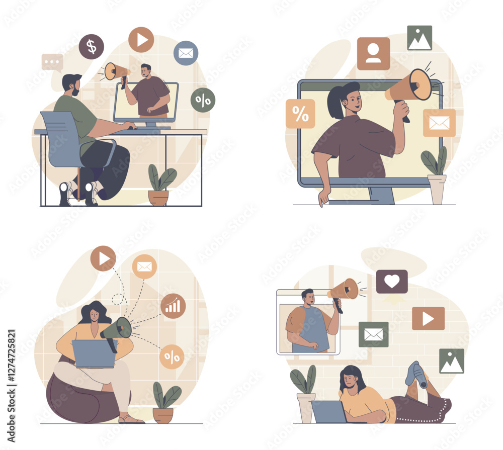 Poster digital marketing concept scenes set in flat web design. people in situations of doing advertising, 