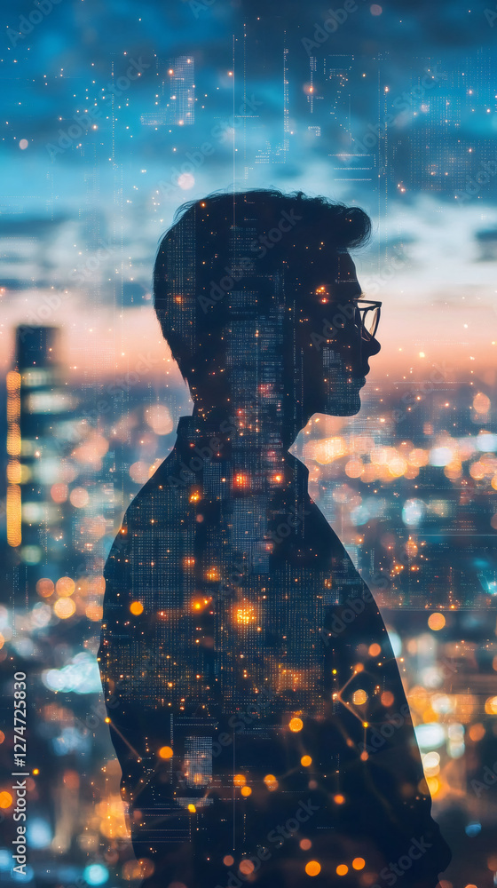Poster businessman looking at bright city lights with computer code and futuristic network data, concept of