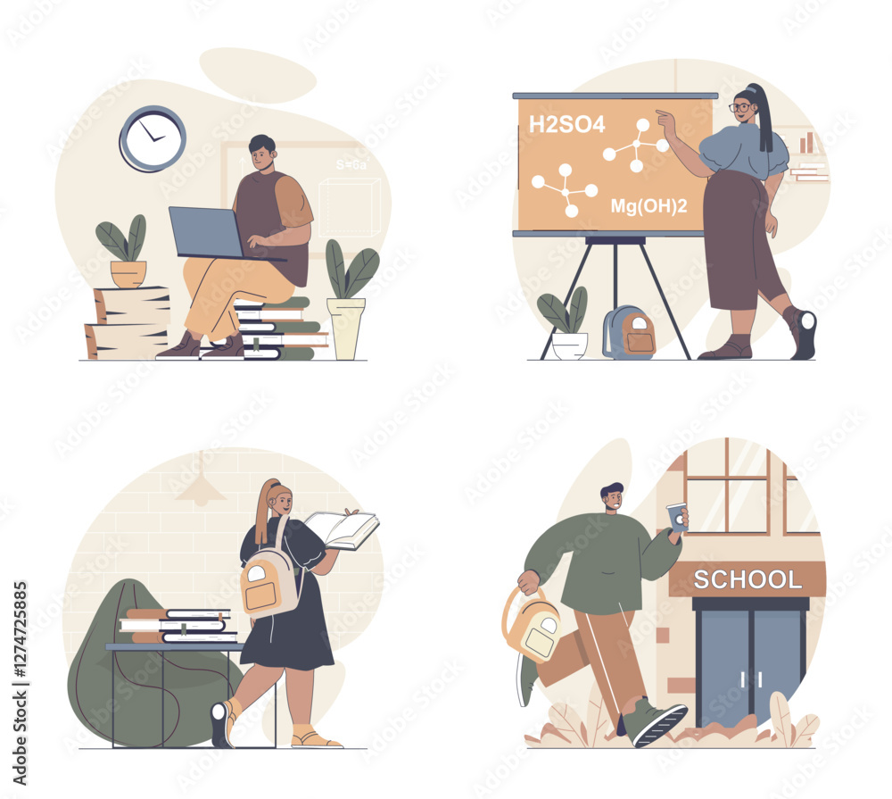 Poster education concept scenes set in flat web design. people in situations of studying at school lessons,