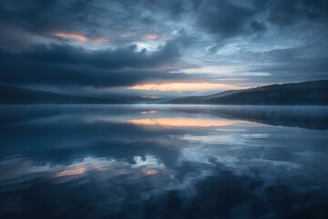 Obraz premium Early morning sunlight reflects off a serene lake surrounded by misty forests and majestic mountains in a tranquil natural setting