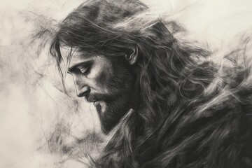 ethereal charcoal sketch of jesus christ with gentle expression and flowing robes, delicate lines creating spiritual atmosphere