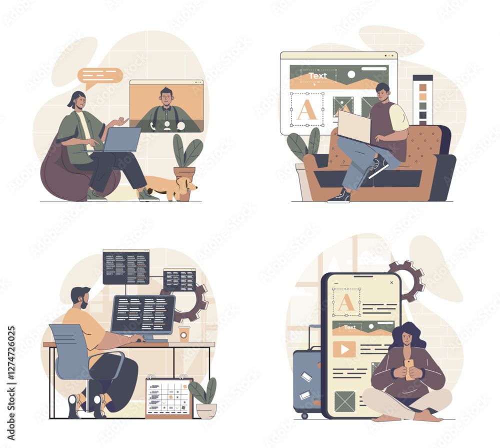 Fototapete Freelance working concept scenes set in flat web design. People in situations of working remotely from home offices, doing online tasks and programing, connect at video meeting. Vector illustrations.