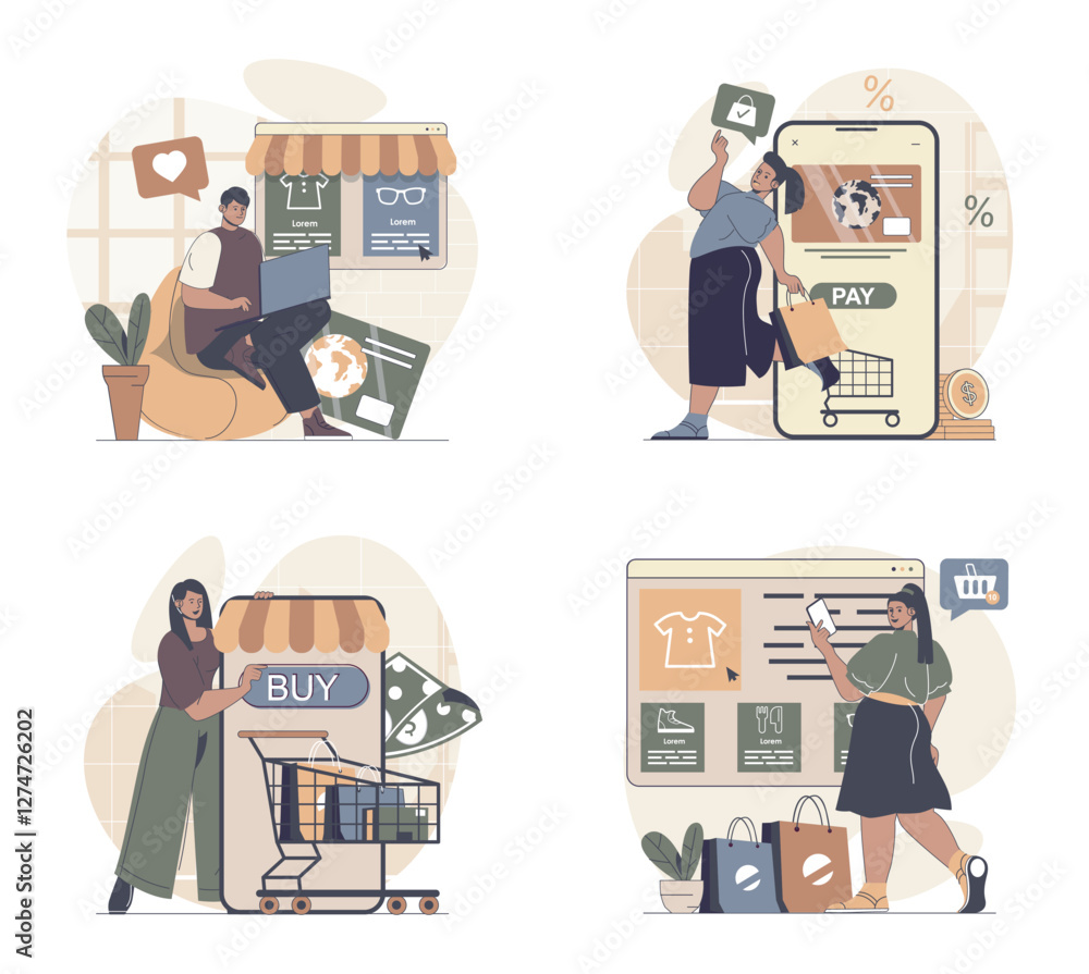 Aufkleber Mobile commerce concept scenes set in flat web design. People in situations of making online shopping and purchases at sales, ordering new products, secure paying online in apps. Vector illustrations.