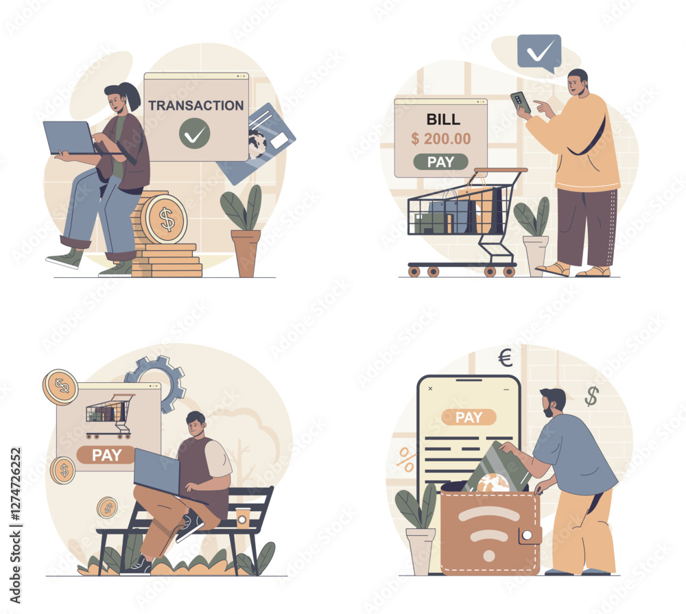 Poster online payment concept scenes set in flat web design. people in situations of getting digital bills 