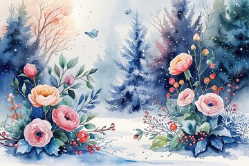 Enchanting Winter Ambiance with Floral and Botanical Watercolor Design