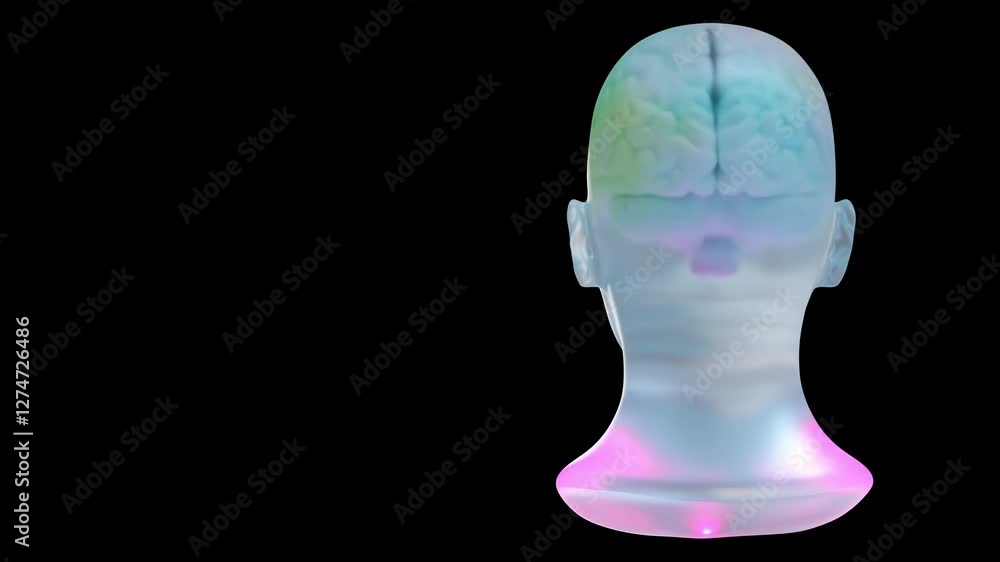 Poster brain multicolored. brain that keeps changing color in transparent human head revolve around oneself