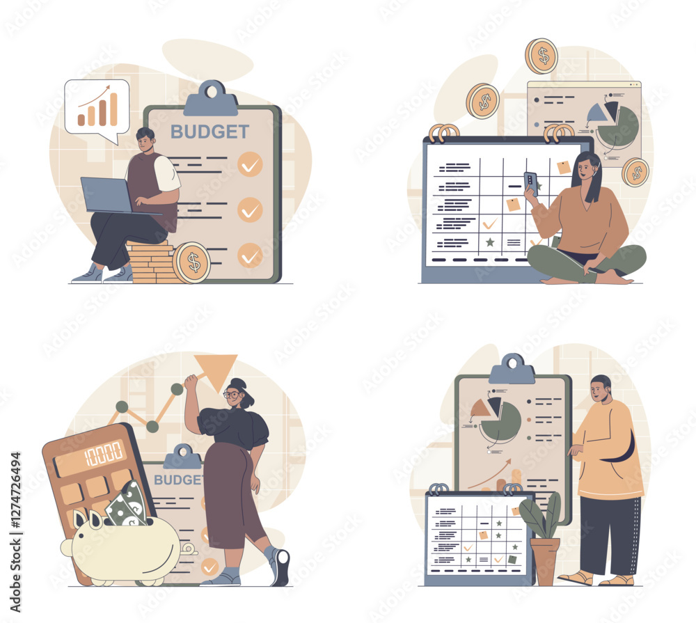 Poster planning financial budget concept scenes set in flat web design. people in situations of controlling