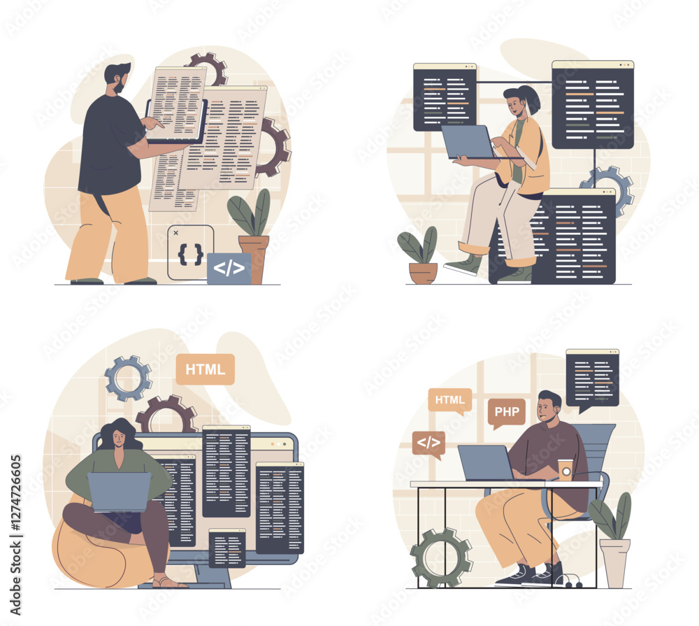 Fototapete Programmer working concept scenes set in flat web design. People in situations of programming and coding at screen,engineering, creating software and making product optimization. Vector illustrations.