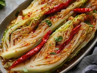 Tasty vegetable stir-fry with a spicy twist, cooked in Korean style. Served in an appetizing metal bowl.
