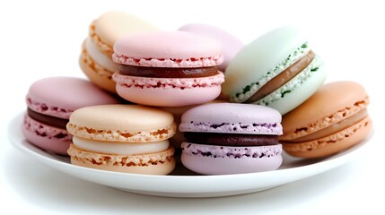 Obraz premium Colorful French macarons in pastel pink, mint, lavender, and peach arranged on white plate, sweet meringue sandwich cookies with cream filling.