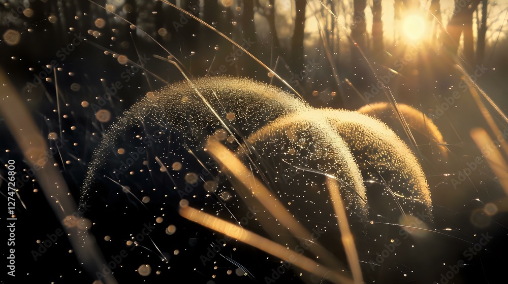 Poster magical golden sunlight streaming through tall grass stems with floating dust particles creating dre