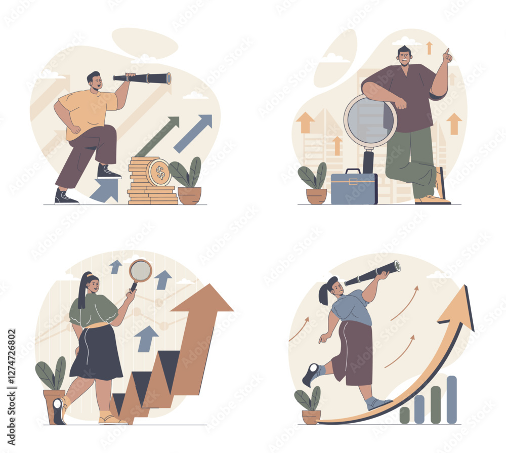 Aufkleber searching for opportunities concept scenes set in flat web design. people in situations of looking c