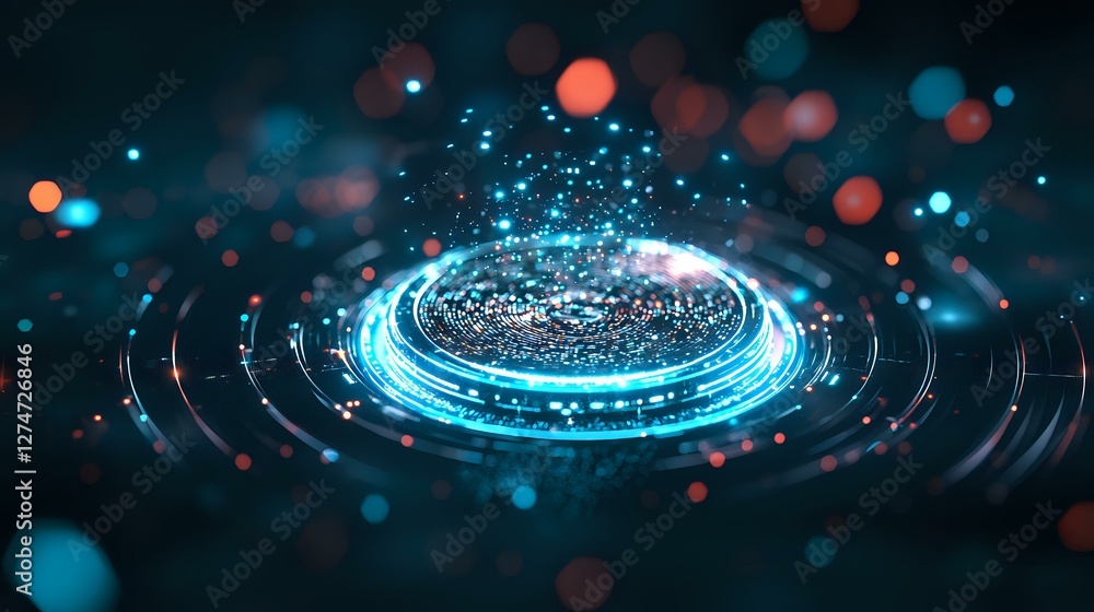 Poster glowing blue circular portal with light particles and bokeh effects on dark background creates futur