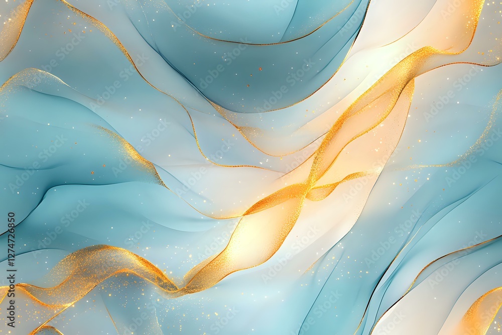 Poster flowing abstract waves in turquoise and gold create elegant marble effect with soft curves and lumin