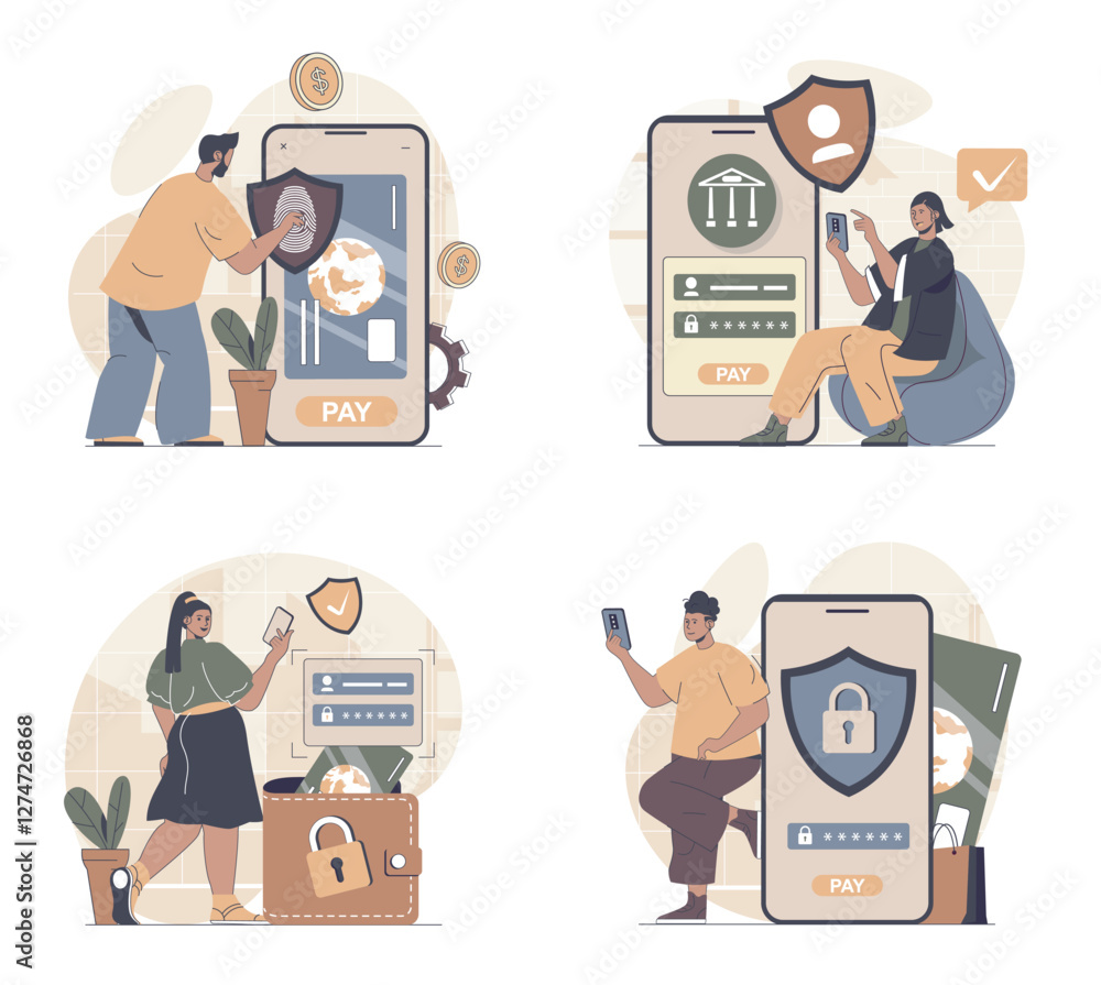 Poster secure payment concept scenes set in flat web design. people in situations of making internet shoppi