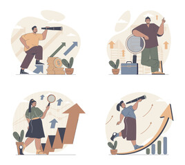 Searching for opportunities concept scenes set in flat web design. People in situations of looking career solutions, creating success strategy, achieving job goals and vision. Vector illustrations.