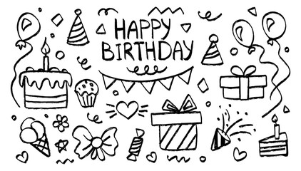 Happy Birthday Party crayon elements, kids chalk hand drawing big set for decoration. Party Related Icons black Chalk Crayon Drawing for invitations, decor. Vector cartoon children illustration