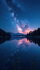 A tranquil lake scene at night with starry skies and soft glowing lights, water, reflections