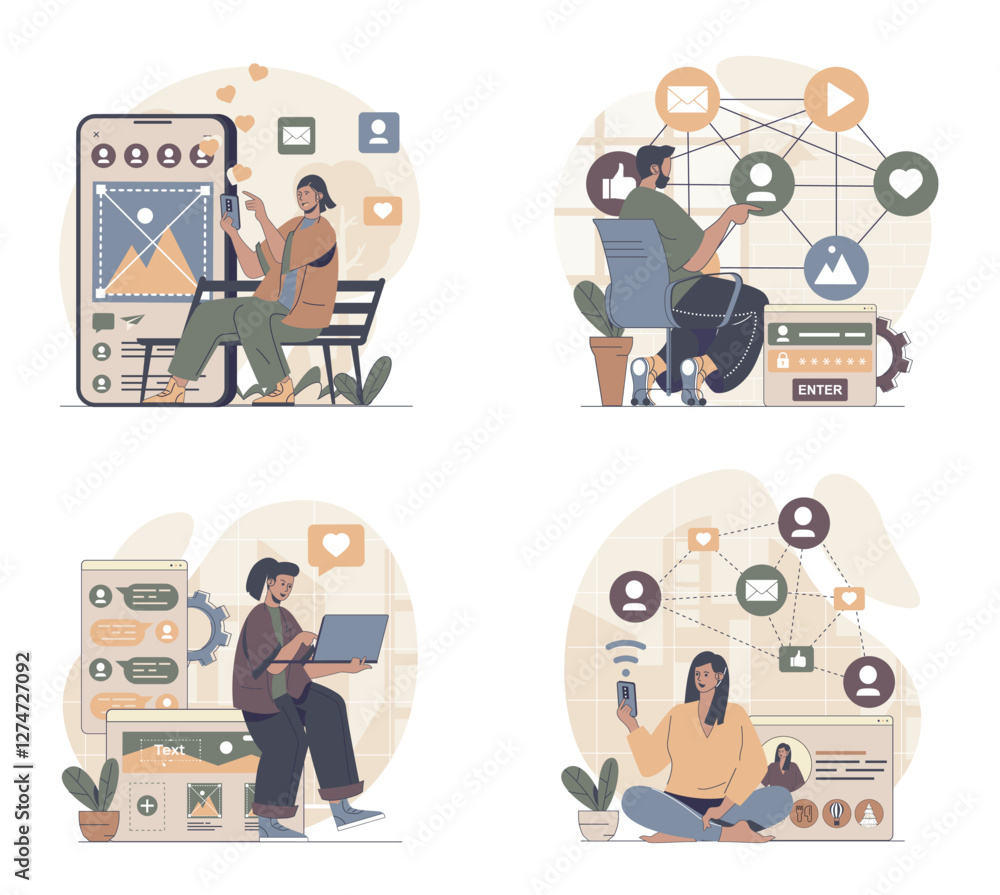 Aufkleber social network concept scenes set in flat web design. people in situations of online connect with in