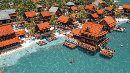 Tropical waterfront resort development coastal area aerial view serene environment modern architecture