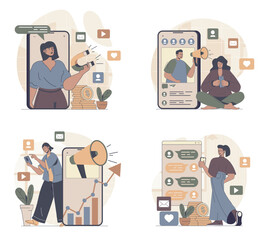 Social media marketing concept scenes set in flat web design. People in situations of making online advertising with influencers, attract targeting audience, sharing promo info. Vector illustrations.