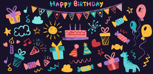 Happy Birthday Party crayon elements, kids chalk hand drawing big set for decoration. Party Related Icons Chalk Crayon Drawing for invitation decor on blackboard. Vector cartoon children illustration