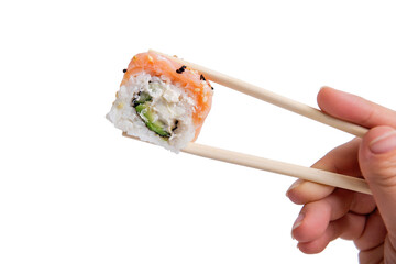 Hand Holding Sushi Philadelphia Roll with Chopsticks on White Background