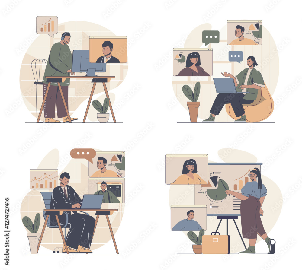 Aufkleber video business conference concept scenes set in flat web design. people in situations of working rem