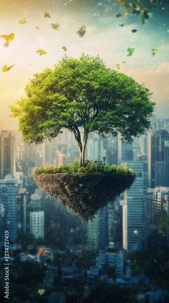 Poster Surreal image of a floating island with a tree above a city, symbolizing nature and urbanization coexisting in a dreamy atmosphere