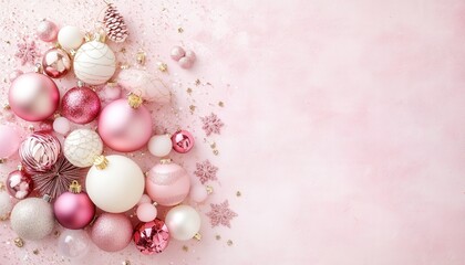 Pink Christmas ornaments arranged as tree, pink background, festive holiday decor, greeting card